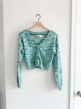 Hollister XS Green Blue Space Dye Cropped Cardigan Button Up Y2K